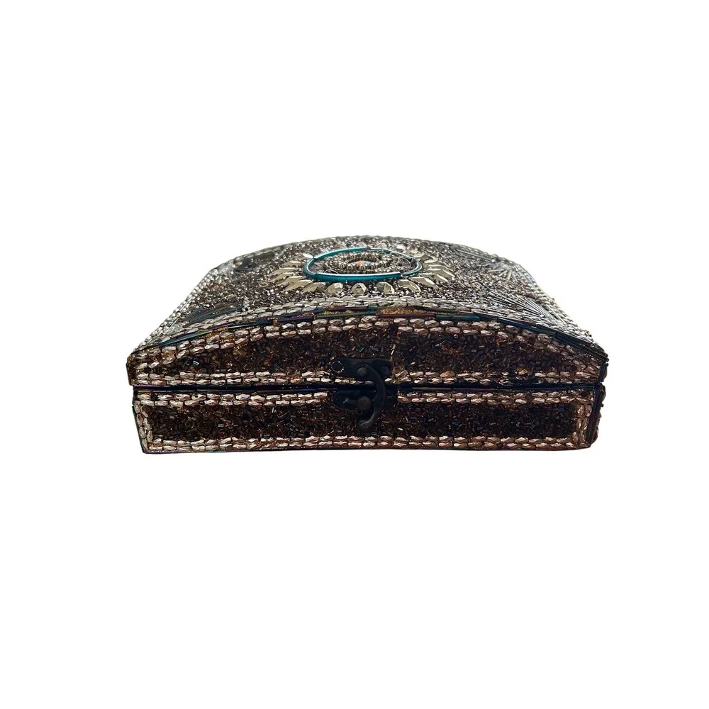Beaded Jewelry Box Sunburst Rhinestone Embellished Bronze Gold Teal